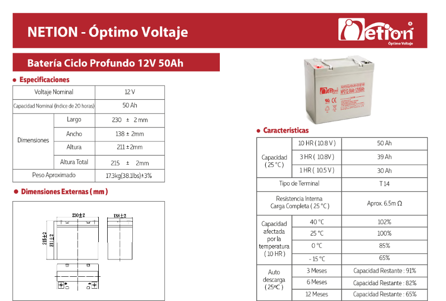 3112V050-FT1 Batería de Ciclo Profundo Netion 12V 50A - Image 2