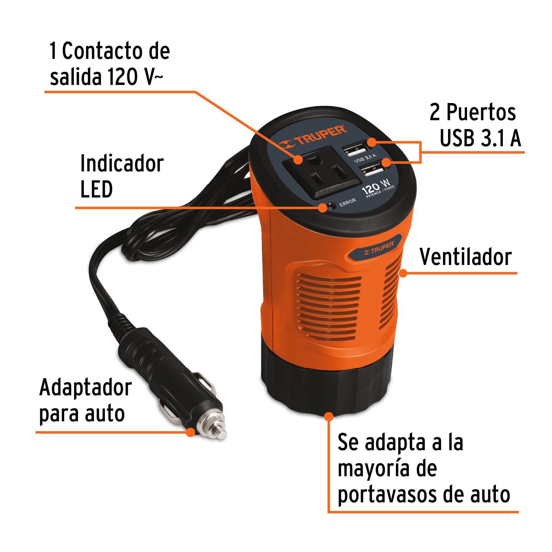 inversor-de-corriente-120-w-tipo-vaso-2-puertos-usb-truper-b34 Inversor de Voltaje de 120 W tipo vaso, 2 puertos USB TRUPER - Image 2