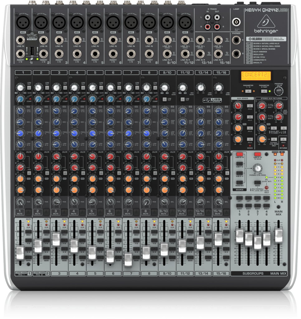 Mezclador Behringer Pasivo 10 Micrófonos efectos Klark Teknik XENYX QX2442USB Image BE 0601 AFX QX2442USB Top XL 966x1024